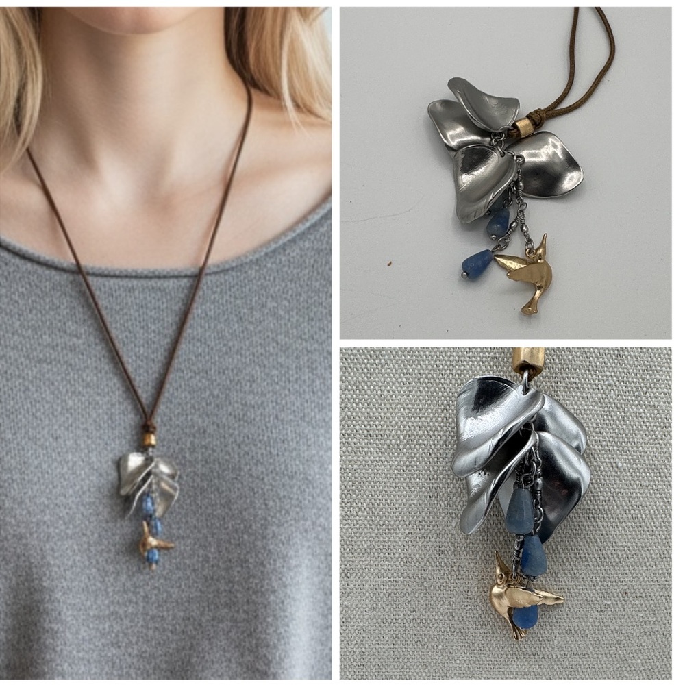 J. Jill Adjustable Pendant Necklace Silver Leaf Bird Blue Beads (BR333/1)